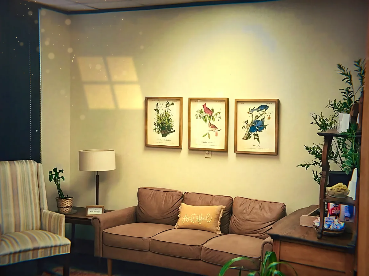 A leather sofa beneath three framed bird prints
